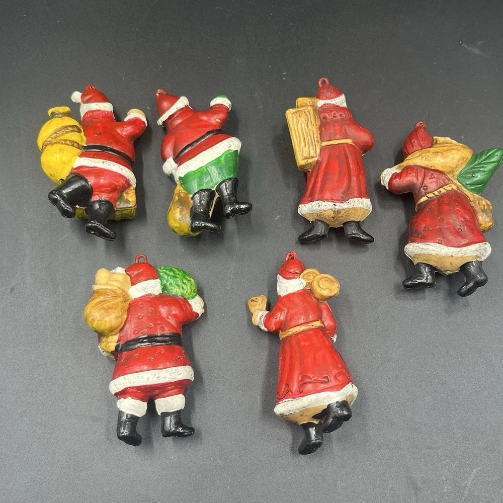 6 Vintage Old World Santa‎ Claus Christmas Ornaments Hollow Plastic Blow Mold